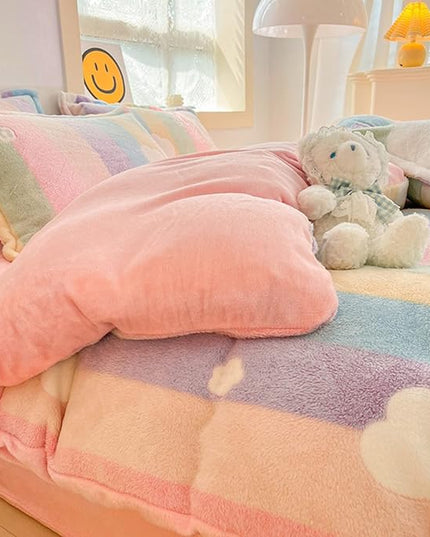 MorroMorn Pink Duvet Cover Queen, Rainbow Bedding Sets, Fluffy Comforter Covers Set, Down Alternative Blanket Ultra Soft Kawaii Cute for Girls Kids Teen Women Full Double Size - LeafyLoom