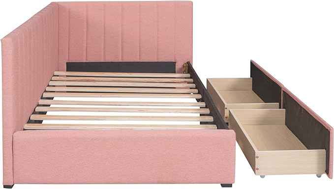 Twin Size Upholstered Daybed with 2 Storage Drawers,Solid Wood Sofa Bed Frame W/Linen Fabric Backrest,No Box Spring Needed,for Living Room Bedroom Apartment Pink - LeafyLoom