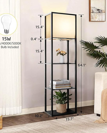 Wide Floor Lamp with Shelves for Living Room Bedroom Office, 4-Tier 2700 4000K 5000K Color Selectable Modern Shelf Floor Lamp with 15W LED Bulb Black. - LeafyLoom