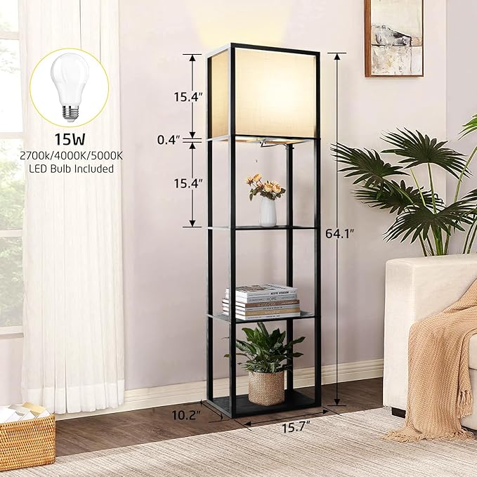 Wide Floor Lamp with Shelves for Living Room Bedroom Office, 4-Tier 2700 4000K 5000K Color Selectable Modern Shelf Floor Lamp with 15W LED Bulb Black. - LeafyLoom