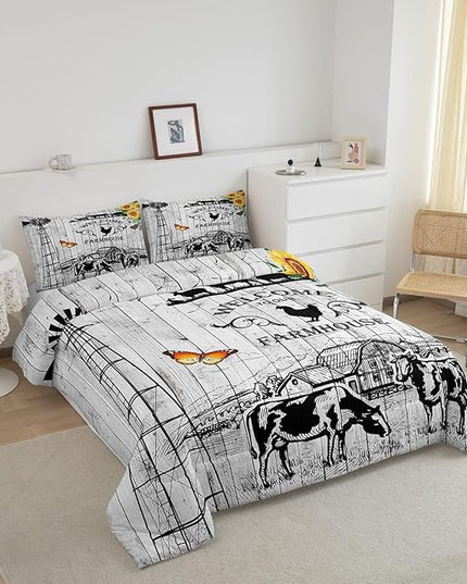 Rustic Western Comforter Set, Western Cow Bull Bedding Queen For Boys Teens Youth, Tribal Windmill Farmhouse Southwestern Bedding Comforter Sets for Women Men, Woodland Animals Quilt, 2 Pillowcases - LeafyLoom