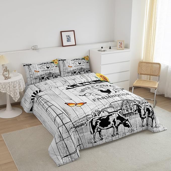 Erosebridal Windmill Bedding King Size, Rustic Farmhouse Comforter Set Retro Vintage Windmill Bedding Comforter Sets, Wooden Planks Barn Door Down Comforter with 2 Pillowcases for All Season - LeafyLoom