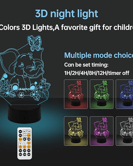 Elephant Play with Butterfly Illusion Room Decor Elephant Night Light Cute Elephant Desk Lamp with 7 Colors and Timing, Smart Touch & Remote Control Decorations Gifts for Girls, Kids, Boys - LeafyLoom