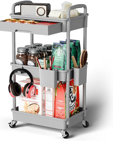 3 Tier Small Rolling Cart Organizer,Laundry Room Bathroom Organizers and Storage Office Shelves Mobile Shelving Unit Kitchen Trolley Cart with Wheels for Art,Craft,Diaper,Bedside,Snack(Grey) - LeafyLoom