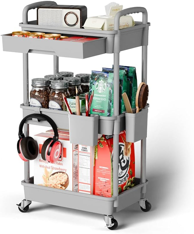 3 Tier Small Rolling Cart Organizer,Laundry Room Bathroom Organizers and Storage Office Shelves Mobile Shelving Unit Kitchen Trolley Cart with Wheels for Art,Craft,Diaper,Bedside,Snack(Grey) - LeafyLoom