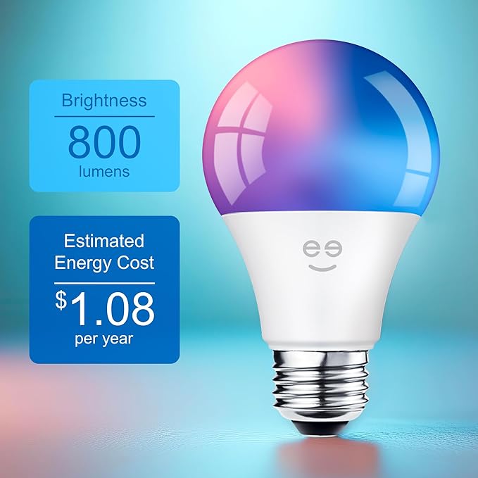 Geeni Smart Light Bulbs - Color Changing & Tunable White, Dimmable, Works with Alexa & Google Home, 2.4 GHz WiFi, A19, 800 lm, 4 Pack Geeni