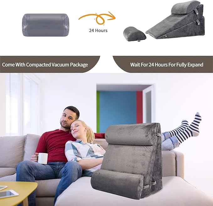 4PCS Adjustable Bed Wedge Pillow Sleeping Support Set 100% Memory Foam for Postoperative recovery, Back Neck Leg Support,Acid Reflux and GERD,Sitting Reading Dark Gray - LeafyLoom