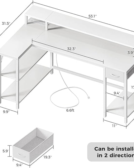 SUPERJARE 53 inch Reversible L Shaped Desk with LED Lights & Power Outlets, Computer Desk with Shelves & Monitor Stand, Gaming Desk with Drawer, Home Office Desk Corner Desk, PU White Drawer - LeafyLoom