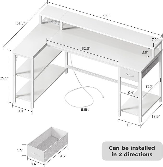 SUPERJARE 53 inch Reversible L Shaped Desk with LED Lights & Power Outlets, Computer Desk with Shelves & Monitor Stand, Gaming Desk with Drawer, Home Office Desk Corner Desk, PU White Drawer - LeafyLoom