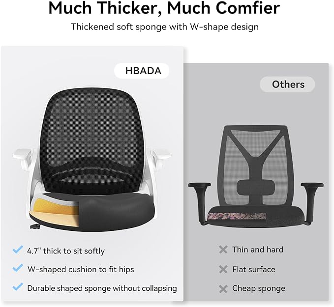 Hbada Office Chair with Flip-Up Armrests, Desk Chair with Saddle Cushion, Ergonomic Office Chair with S-Shaped Backrest, Comfy Mesh Chair for Home and Office, White - LeafyLoom