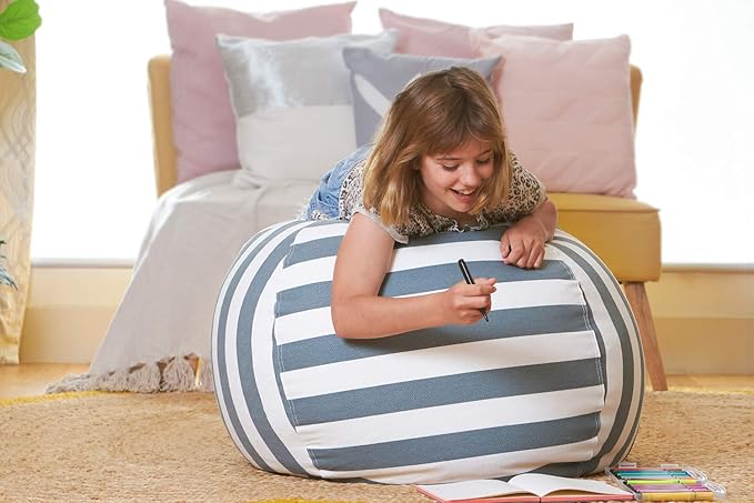 Aubliss Stuffed Animal Bean Bag Storage Chair, Beanbag Covers Only for Organizing Plush Toys, Turns into Bean Bag Seat for Kids When Filled, Medium 32"-Canvas Stripes Grey/White - LeafyLoom