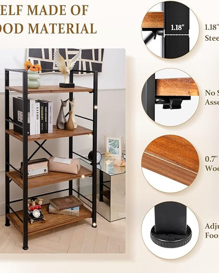Rustic Bookshelf, 4 Tier Real Wood Bookshelf, Metal Book Shelf for Storage, Black Bookcase, 12.6" D x 23.62" W x 50.39" H - LeafyLoom