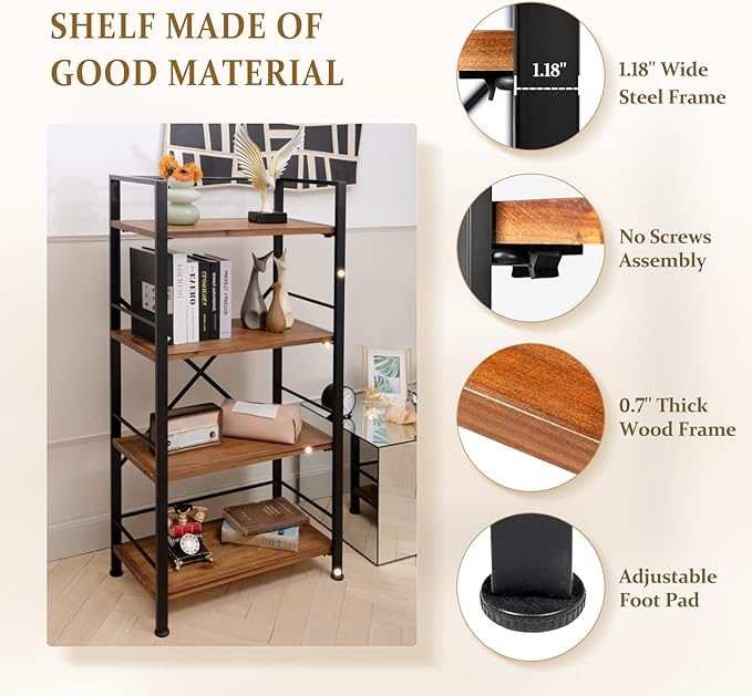 Rustic Bookshelf, 4 Tier Real Wood Bookshelf, Metal Book Shelf for Storage, Black Bookcase, 12.6" D x 23.62" W x 50.39" H - LeafyLoom