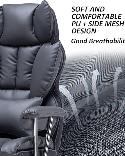 Desk Office Chair 400LBS, Big and Tall Office Chair, PU Leather Computer Chair, Executive Office Chair with Leg Rest and Lumbar Support, Dark Grey Office Chair - LeafyLoom