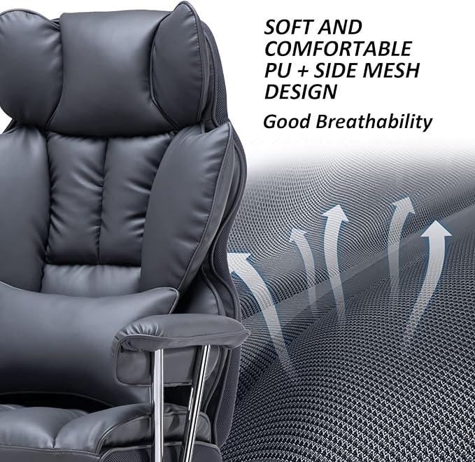 Desk Office Chair 400LBS, Big and Tall Office Chair, PU Leather Computer Chair, Executive Office Chair with Leg Rest and Lumbar Support, Dark Grey Office Chair - LeafyLoom
