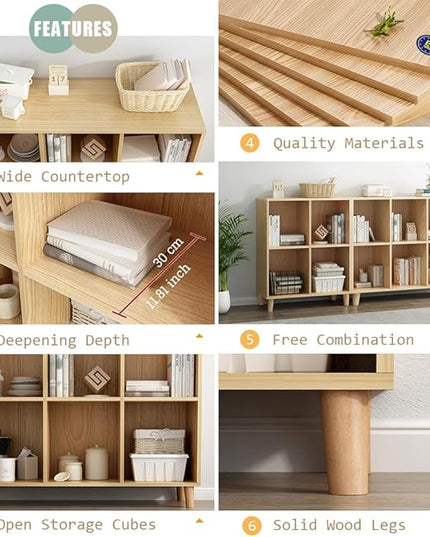 IOTXY Freestanding Open Cubes Bookcase - 2-Tier Floor Standing Wooden Storage Display Cabinet Organizer with Legs for Home Office, 6-Cubes Open Shelf Low Short Bookshelf, Oak - LeafyLoom