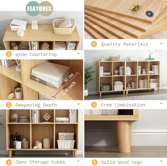 IOTXY Freestanding Open Cubes Bookcase - 2-Tier Floor Standing Wooden Storage Display Cabinet Organizer with Legs for Home Office, 4-Cubes Open Shelf Low Short Bookshelf, Oak - LeafyLoom
