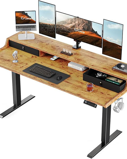 ErGear Electric Standing Desk with Drawers, 63″ x 28″ Gaming Desk with Monitor Stand, C-Clamp Mount Compatible, Home Office Height-Adjustable Desk with Storage Shelf, 4 Preset Heights, Vintage Brown - LeafyLoom