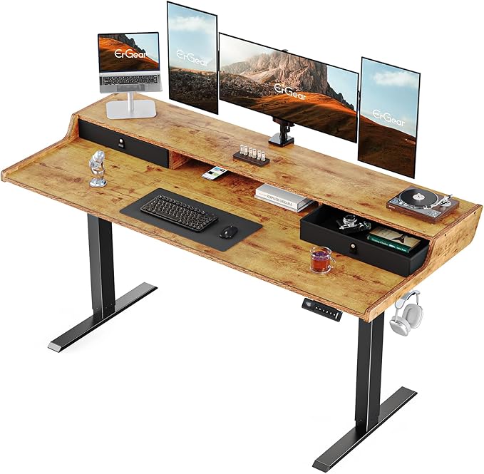 ErGear Electric Standing Desk with Drawers, 63″ x 28″ Gaming Desk with Monitor Stand, C-Clamp Mount Compatible, Home Office Height-Adjustable Desk with Storage Shelf, 4 Preset Heights, Vintage Brown - LeafyLoom