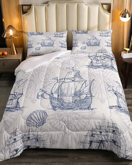 Nautical Comforter Set Sailboat Down Comforter Twin,Blue White Vintage Style Quilted Duvet Set Luxury Anchor Crab Pattern Bedding Insert Set for Kids, Adult Teen Boys Girls Bedroom Ocean Beach Decor - LeafyLoom