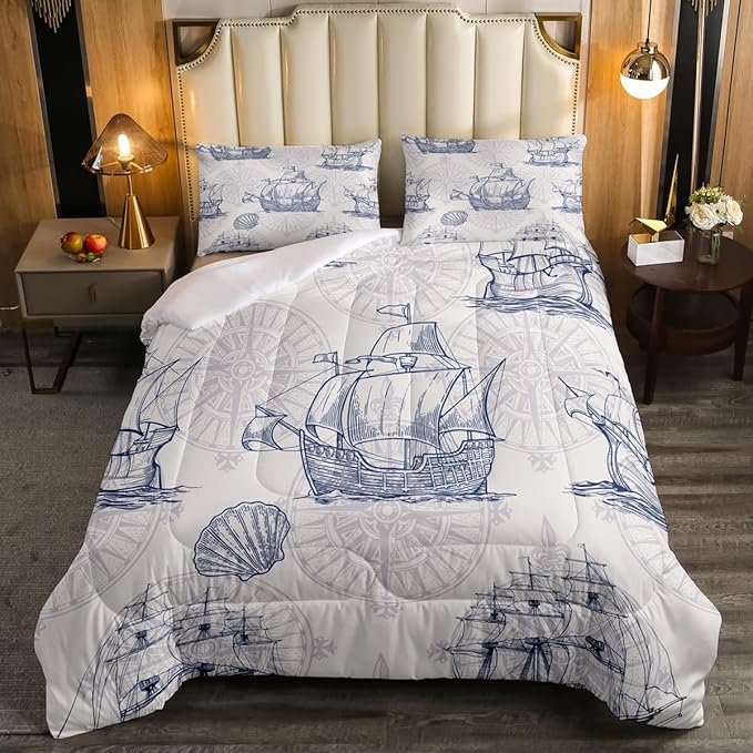 Nautical Comforter Set Sailboat Down Comforter Full,Blue White Vintage Style Quilted Duvet Set Luxury Anchor Crab Pattern Bedding Insert Set for Kids, Adult Teen Boys Girls Bedroom Ocean Beach Decor - LeafyLoom