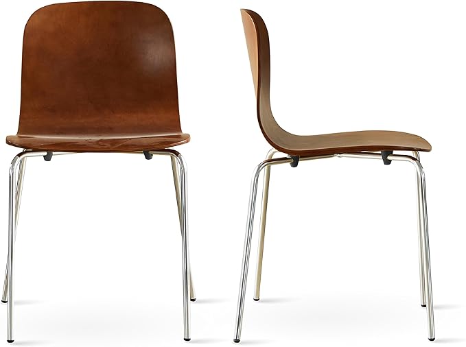 Livinia No.10 Mid-Century Modern Wooden Dining Chairs Set of 2, Contemporary Bentwood Kitchen Interior Armless Chairs with Steel Legs (Walnut) - LeafyLoom