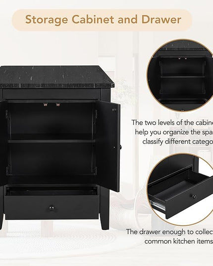 Rustic Style Counter Height Faux Marble Tabletop, Solid Wood Storage Cabinet and Drawer, Room, Kitchen, Black, 5 Piece Dining Table Set - LeafyLoom