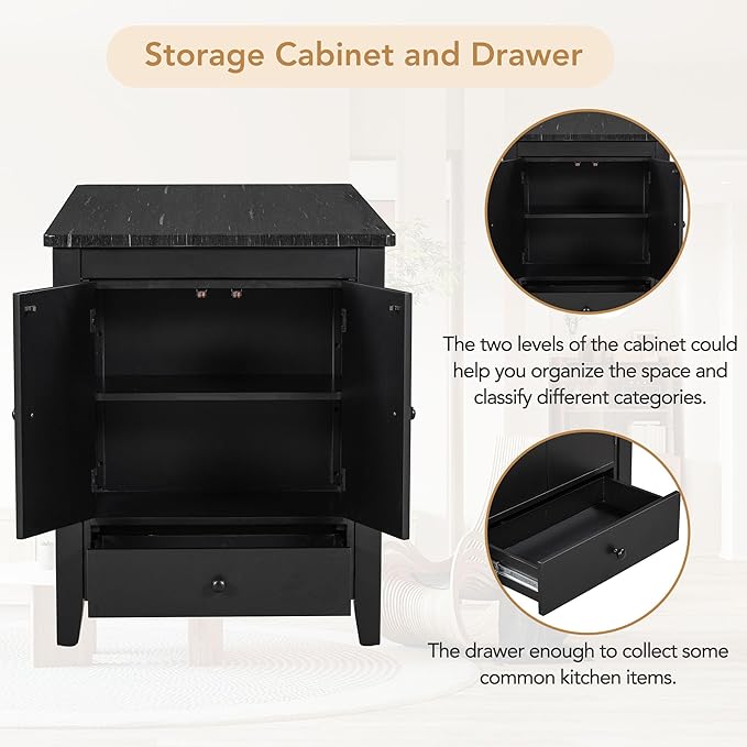5-Piece Counter Height Wood Dining Table Set with Faux Marble Tabletop, Storage Cabinet and Drawer & 4 Matching Chairs, Black - LeafyLoom