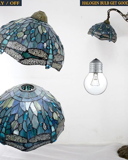 WERFACTORY Tiffany Floor Lamp Sea Blue Stained Glass Dragonfly Arched Lamp 12X18X64 Inches Gooseneck Adjustable Corner Standing Reading Light Decor Bedroom Living Room S147 Series - LeafyLoom