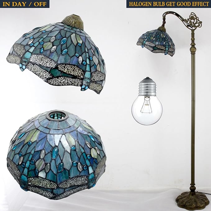 WERFACTORY Tiffany Floor Lamp Sea Blue Stained Glass Dragonfly Arched Lamp 12X18X64 Inches Gooseneck Adjustable Corner Standing Reading Light Decor Bedroom Living Room S147 Series - LeafyLoom