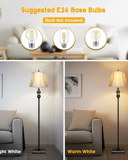 TOBUSA Traditional Floor Lamp, Classic Standing Lamp with Bronze Fabric Shade, Vintage Elegant Tall Pole Lamp for Living Room Bedroom Office Reading, Rustic Upright Floor Lights , Pull Chain Switch - LeafyLoom