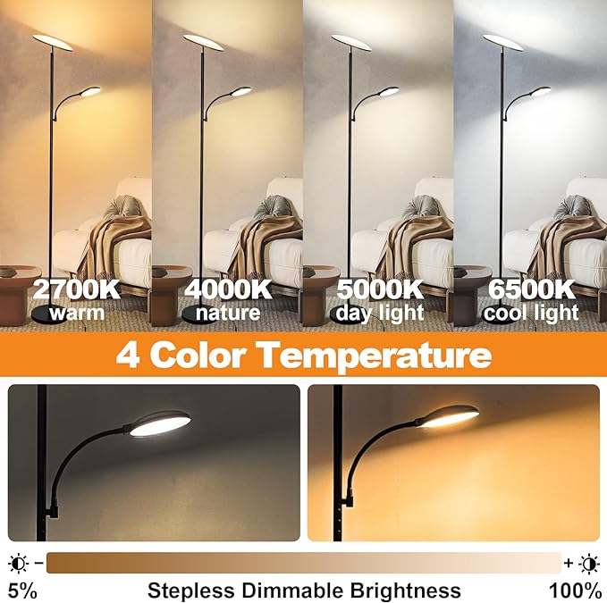 2024 New Floor Lamp, 44W 4500LM Super Bright LED Floor Lamp for Living Room, Remote Floor Lamp with Reading Light, Dimmable Modern Stand Tall Lamp for Bedroom Office - LeafyLoom
