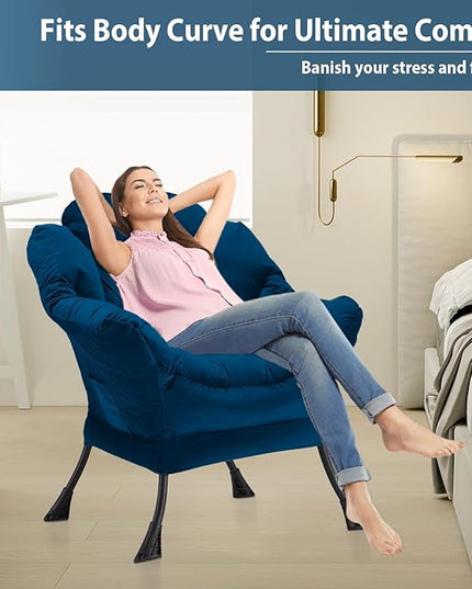 Lazy Chair Thick Padded, Accent Chair Velvet Upholstered with Wide Seat, Stable Metal Frame and Non-Slip Pad, Modern Sofa Armchair with Side Storage Bag for Dorm, Room, Office, Blue - LeafyLoom