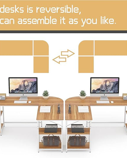 L Shaped Desk Reversible, Corner Computer L Desk with Storage Shelves, Modern Gaming Desk Workstation for Home Office, Walnut - LeafyLoom