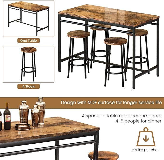 DKLGG Dinner Table Set for 4, Modern Kitchen Table and Chairs for 4 Wooden Top and Adjustable Metal Legs, Small Dining Room Table Set 5 Pieces Compact Design for Small Space - LeafyLoom