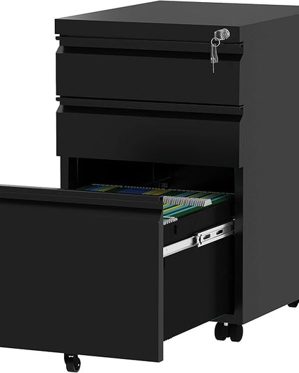 YITAHOME 3-Drawer Mobile File Cabinet with Lock, Office Storage Filing Cabinet for Legal/Letter Size, Pre-Assembled Metal File Cabinet Except Wheels Under Desk -Black - LeafyLoom