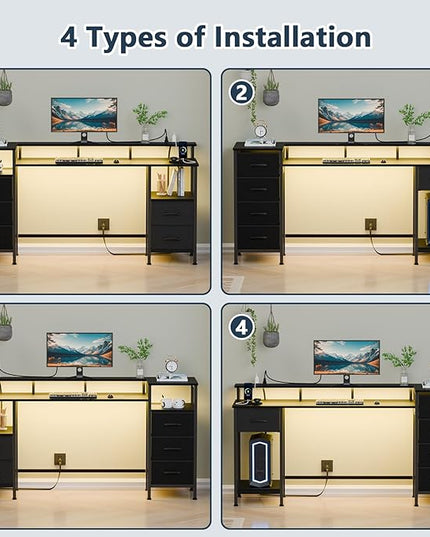 Computer Desk with Power Outlets & LED Lights, Gaming Desk with 5 Fabric Drawers for Bedroom, 55 Inch Home Office Desk with Monitor Stand & Storage Shelves for Working, Black - LeafyLoom