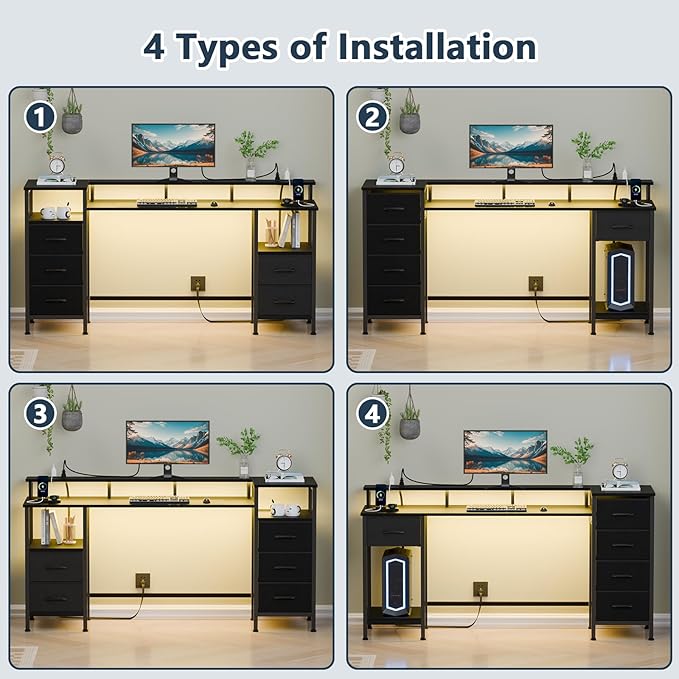 Computer Desk with Power Outlets & LED Lights, Gaming Desk with 5 Fabric Drawers for Bedroom, 55 Inch Home Office Desk with Monitor Stand & Storage Shelves for Working, Black - LeafyLoom