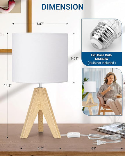 DEWENWILS Mid Century Bedside Lamp, Small Tripod Table Lamp with Linen Fabric Shade, Wood Nightstand Lamp for Nursery, Living Room, Bedroom, End Table, UL Listed, 14.2 Inch, ON/Off Switch - LeafyLoom