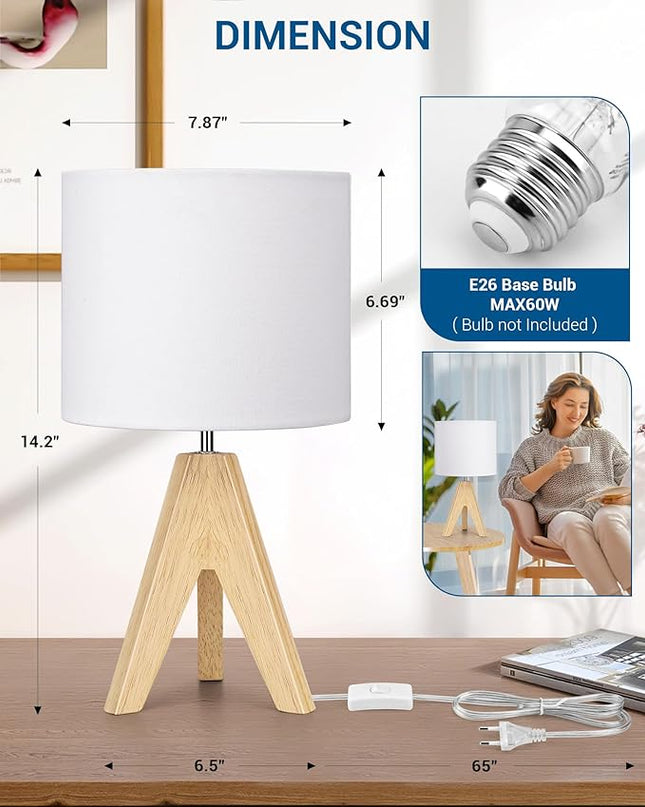 DEWENWILS Mid Century Bedside Lamp, Small Tripod Table Lamp with Linen Fabric Shade, Wood Nightstand Lamp for Nursery, Living Room, Bedroom, End Table, UL Listed, 14.2 Inch, ON/Off Switch - LeafyLoom