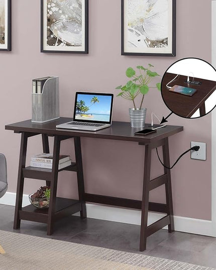 Convenience Concepts Designs2Go Trestle Desk with Charging Station and Shelves, Espresso - LeafyLoom