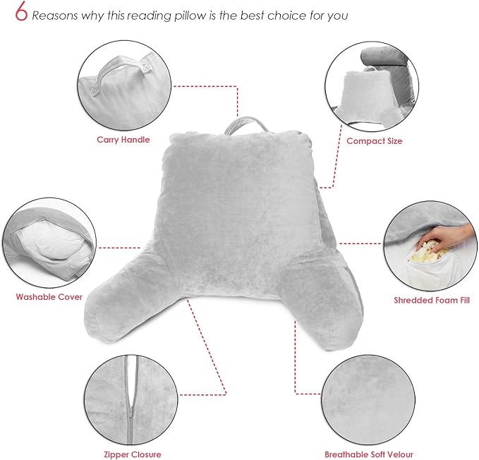 Clara Clark Reading Pillow for Kids, Small Back Pillow for Sitting Up in Bed, Memory Foam Back Support Pillow, Reading Pillows for Sitting in Bed, Light Grey Gaming Pillow with Arms and Pockets - LeafyLoom