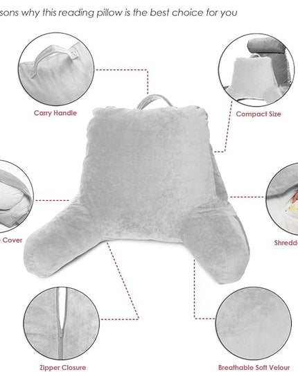 Clara Clark Reading Pillow, Standard Back Pillow for Sitting Up in Bed, Memory Foam Back Support Pillow, Reading Pillows for Sitting in Bed, Light Grey Sit Up Pillow for Bed, Arm Pillow with Pockets - LeafyLoom