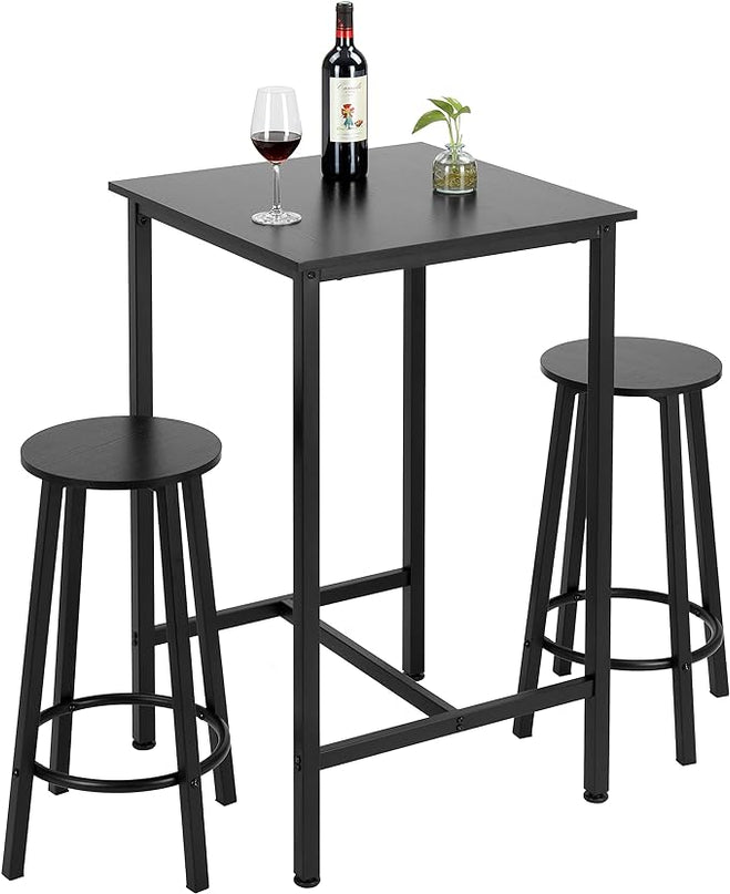 Finnhomy Bar Table Set, 23.6" Pub Table High Top Table, Square Bar Height Table, Bar Table with Stools, Kitchen Table Set for 2, Industrial Breakfast for Kitchen, Living Room, Rustic Black - LeafyLoom