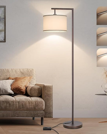 Fully Dimmable Floor Lamp, Brown Floor Lamp with Adjustable Hanging Shade & Foot Switch, Modern Arched Reading Lamp Corner Light Standing Lamp for Living Room, Office, LED Bulb Included - LeafyLoom
