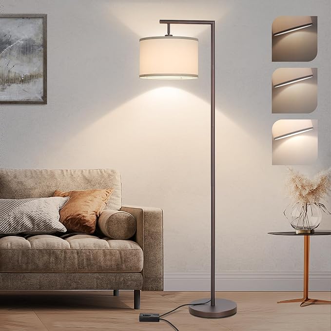 Fully Dimmable Floor Lamp, Brown Floor Lamp with Adjustable Hanging Shade & Foot Switch, Modern Arched Reading Lamp Corner Light Standing Lamp for Living Room, Office, LED Bulb Included - LeafyLoom