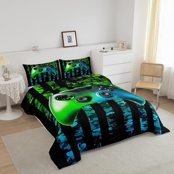 Gaming Comforter Set Full Size For Boys Kids Game Room Decor United States Bedding Set Video Game Gamer Down Comforter Camouflage Stripes Teens Bedroom Decor Gamepad Bedding Set With 2 Pillow Cases - LeafyLoom