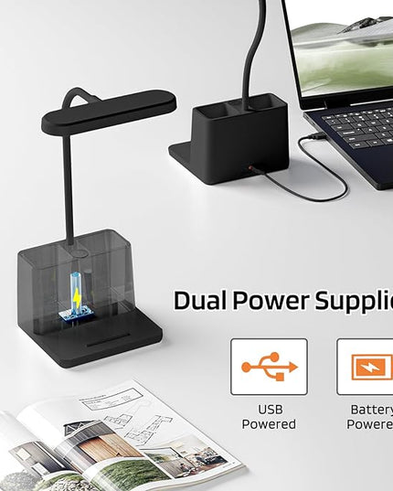 AXX LED Desk Lamp for Home Office, Battery Operated Desk Light for Computer/Desktop - Black, Small, Cute, 3 Way, Rechargeable, Flexible Gooseneck, Pen Holder - Study Table Lamp for Bedroom Reading - LeafyLoom