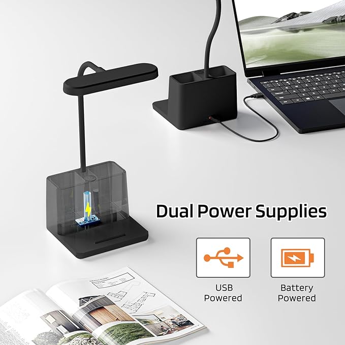 AXX LED Desk Lamp for Home Office, Battery Operated Desk Light for Computer/Desktop - Black, Small, Cute, 3 Way, Rechargeable, Flexible Gooseneck, Pen Holder - Study Table Lamp for Bedroom Reading - LeafyLoom