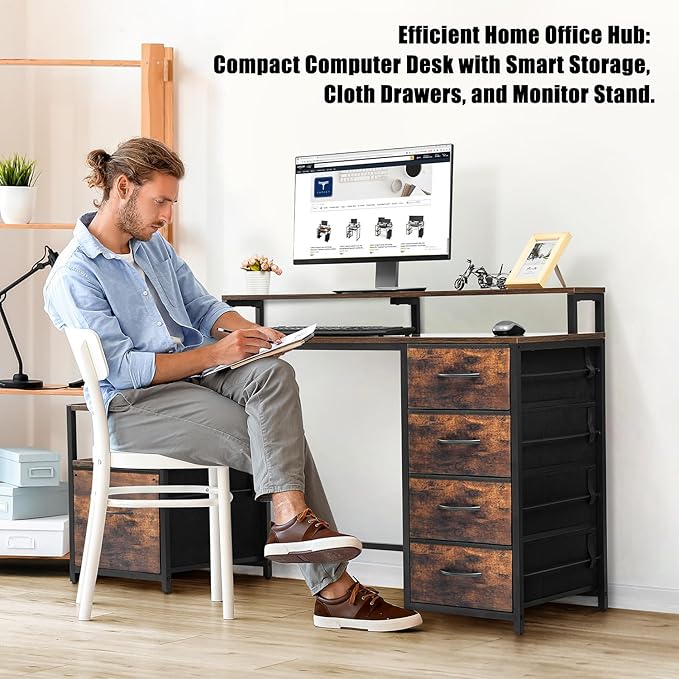 TOPSKY Compact Computer Desk with Storage Shelf/Cloth File Drawer for Letter Size/Monitor Stand Study Table for Home Office (Bamboo, 61.6 inch) - LeafyLoom